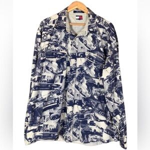 Vintage Tommy Hilfiger long sleeve shirt with blue classic car / truck print XXL